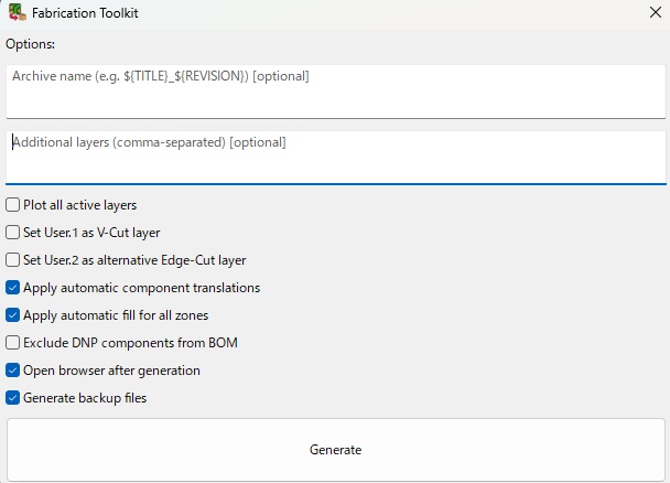 Fabrication Toolkitのデータ出力画面。「Generate」でファイルを生成。