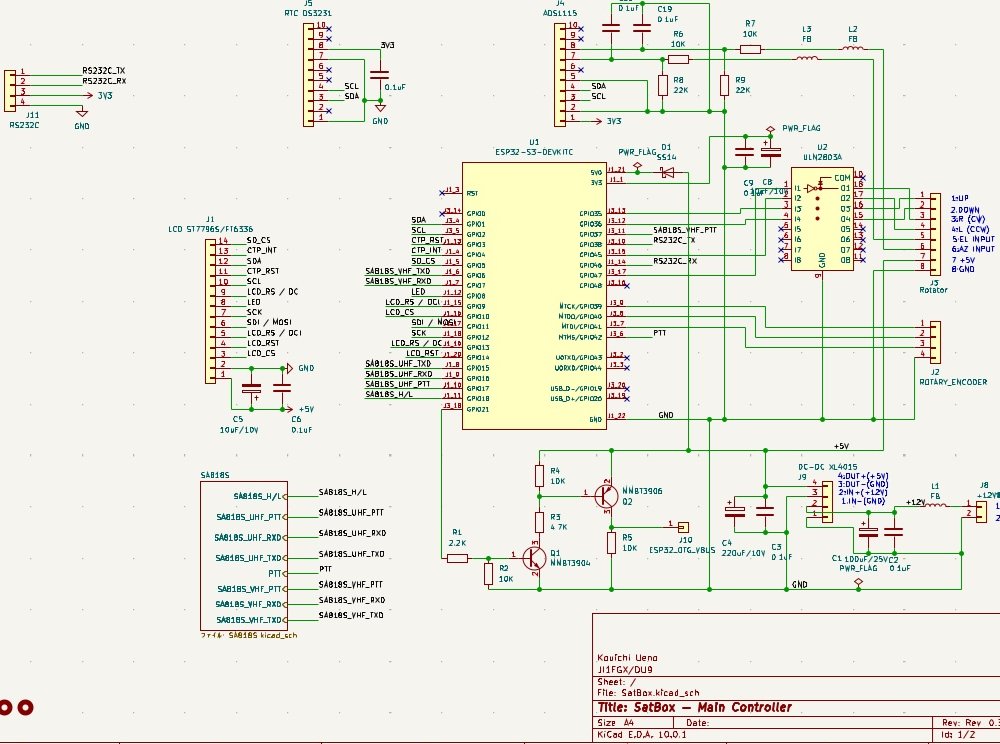 SatBoxのデジタル回路図。マイコン、時計、表示・タッチ入力などの回路。